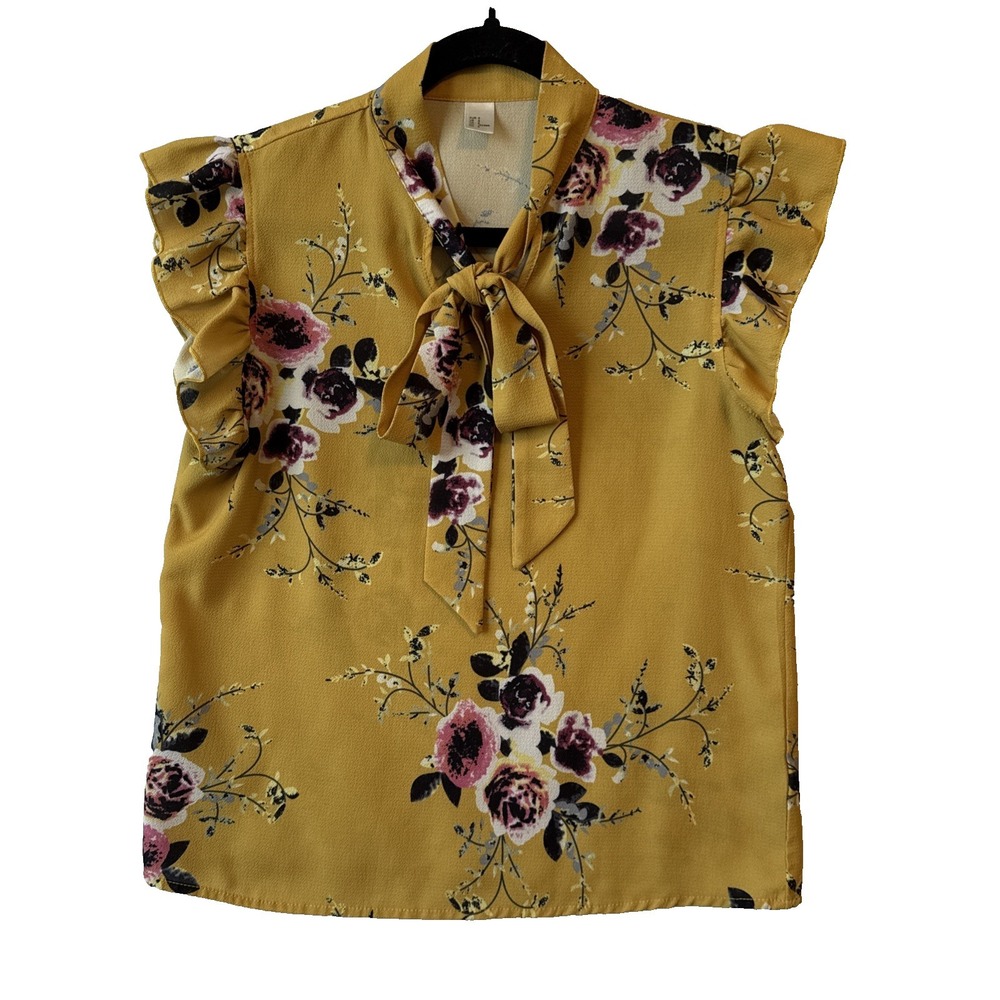 Regency Romantic Floral Tie Neck Flutter Ruffle Cap Sleeve Crinkle Top‎ S Chic